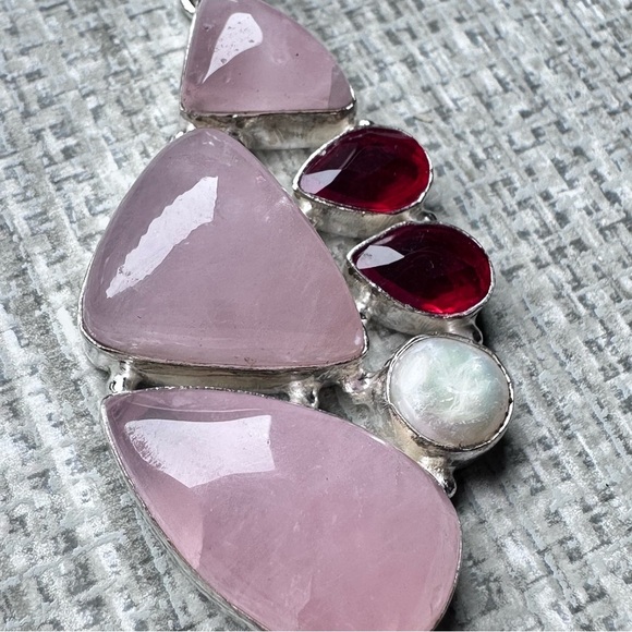 Elegant Pink Quartz Pendant Triple Stone With Red Crystal And Pearl Accents - Picture 2 of 7